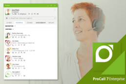 estos ProCall 7 Enterprise: Client-Fenster mit Favoriten und Präsenzstatus, daneben Frau mit Headset