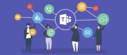 Illustration Microsoft Teams: Teams-Logo vernetzt mit Symbolen f&uuml;r Telefonie, Chat, E-Mail und Termine