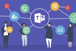 Illustration Microsoft Teams: Teams-Logo vernetzt mit Symbolen für Telefonie, Chat, E-Mail und Termine