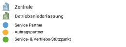 Legende zur Servicekarte: Zentrale, Betriebsniederlassung, Service Partner, Auftragspartner, Service- & Vertriebs-Stützpunkt
